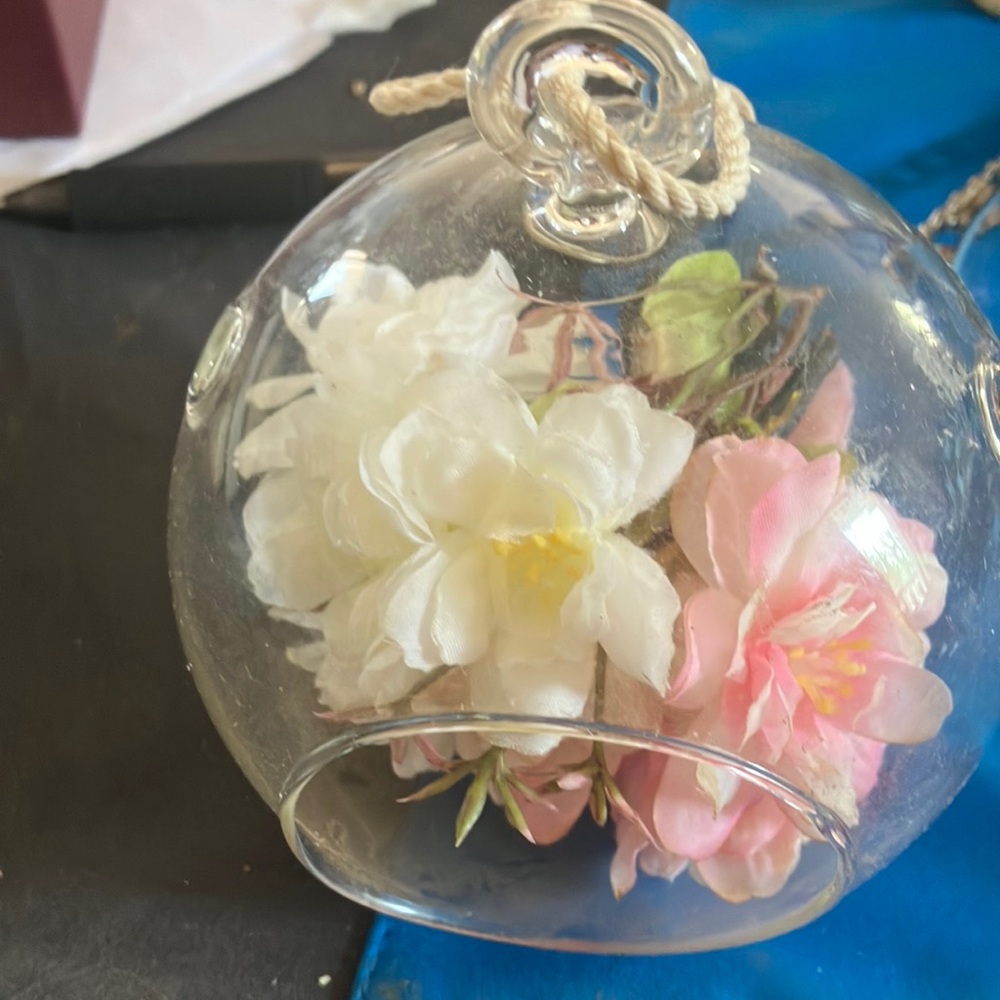 Glass Hanging Terrarium with Pink and White Flowers